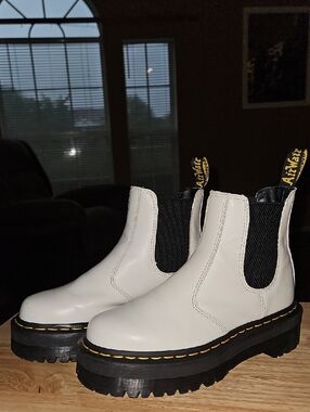 Dr. Martens White  Chelsea Boots with Yellow Stitching
